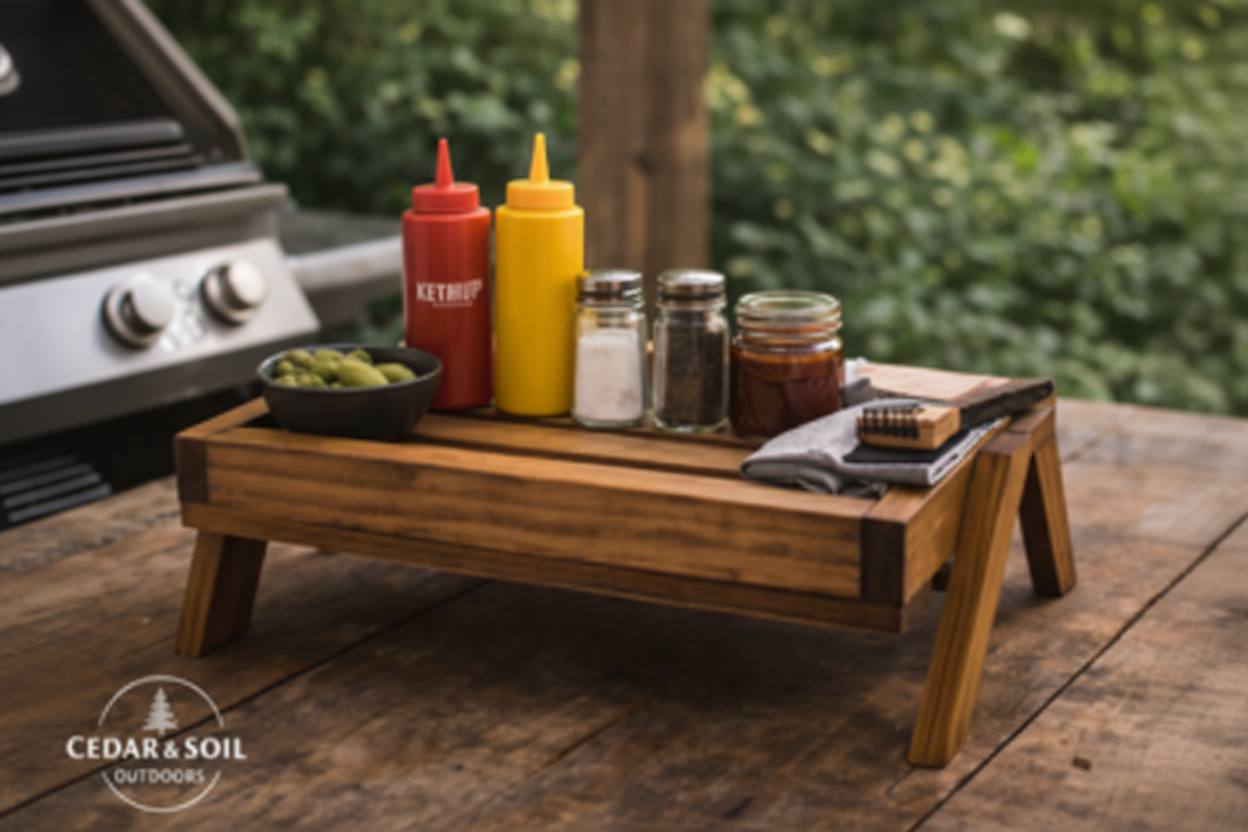 Outdoor riser with BBQ condiments